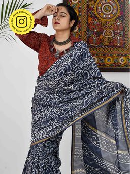 Sundarii - Sapphire - Dabu Chanderi Silk Saree Without Blouse