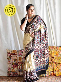 Sundarii - Soni - Ajrakh Modal Silk Saree Without Blouse