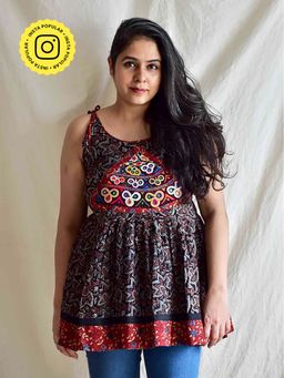 Sundarii - Deep - Ajrakh Black Hand Embroidered Top