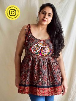 Sundarii - Gayathri - Red Ajrakh Hand Embroidered Top