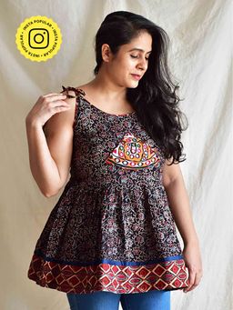 Sundarii - Meera - Black Ajrakh Hand Embroidered Top