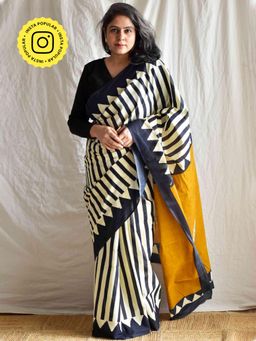 Sundarii - Stripe Magic - Dabu Cotton Saree with Unstitched Blouse- Multi-Color