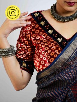 Sundarii - Razmataz - Ajrakh Red Silk Velvet Zardozi Stitched Blouse