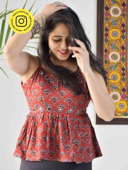 Sundarii - Pickles - Ajrakh Kutch Red Mirror Work Frill Stitched Blouse