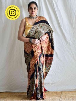 Sundarii - Muskaan - Ajrakh Black Hand Block Printed Gajji Silk Saree Without Blouse