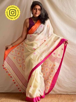 Sundarii - Women Beige Pure Cotton Woven Saree without Blouse