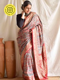 Sundarii - Sanskriti Ajrakh Dola Silk Zari Pallu Saree without Blouse