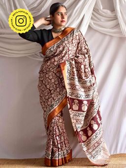 Sundarii - Khathai Kalamkari Printed Bangalore Silk Nizam Border Saree without Blouse