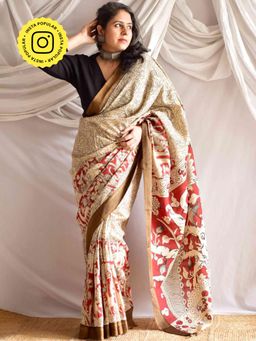 Sundarii - Aisha Kalamkari Printed Bangalore Silk Nizam Border Saree without Blouse