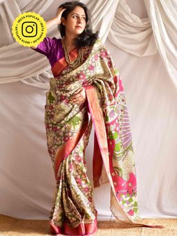 Sundarii - Nirvana Kalamkari Printed Bangalore Silk Nizam Border Saree without Blouse