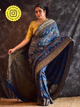 Sundarii - Mor Pankh - Ajrakh Dola Silk Hand Embroidered Saree without Blouse