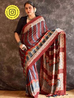 Sundarii - Mehran- Ajrakh Modal Silk Hand Embroidered Saree without Blouse