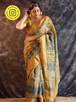 Sundarii - Medha - Ajrakh Handloom Dupion Saree without Blouse With Zari Border