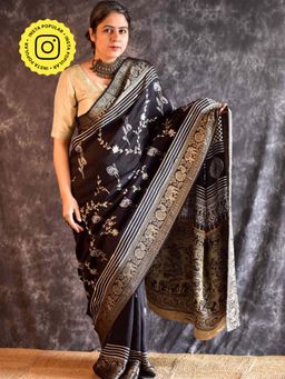 Sundarii - Moti - Ajrakh Dola Silk Hand Embroidered Saree without Blouse