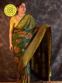 Sundarii - Vanya - Ajrakh Dola Silk Hand Embroidered Saree without Blouse