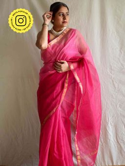 Sundarii - Women's Pink Gulaabi Shaam Kota Doria Saree without Blouse