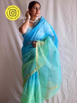 Sundarii - Women's Blue Komal Leher Kota Doria Saree without Blouse