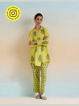 Tara-C-Tara - Floral Hand Block Printed Yellow Kurta with Pant