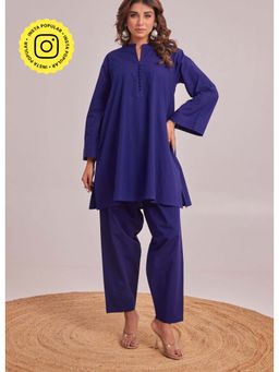 Tara-C-Tara - Blue Solid Mandarin Collar Co-Ord Set
