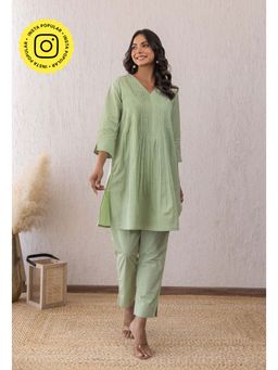 Tara-C-Tara - Women Green V-Neck Cotton Kurta with Palazzo