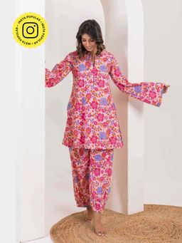 Tara-C-Tara - Pink Floral Cotton Kurta and Salwar Co-Ord Set