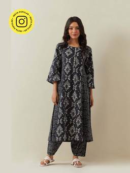 Tara-C-Tara - Women Black Round Neck Printed Kurta with Pant