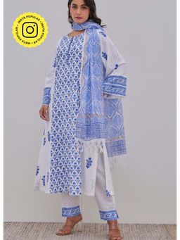 Tara-C-Tara - Hand Block Printed White Kurta with Pant and Dupatta