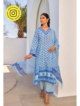 Tara-C-Tara - Women Blue Cotton Hand Block Printed Anarkali with Palazzos and Dupatta