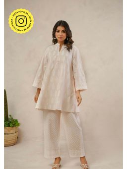Tara-C-Tara - Pastel Peach White Khari Hand Block Printed Co-Ord Set