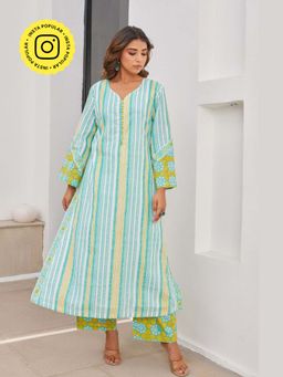 Tara-C-Tara - Stripper Hand Block Printed Cotton Green Kurta with Palazzo and Dupatta