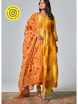 Tara-C-Tara - Chanderi Hand Block Printed Yellow Kurta with Pant and Dupatta