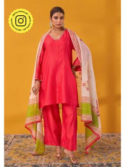Tara-C-Tara - Red Chanderi Hand Block Printed Kurta and Palazzos with Dupatta