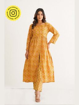 Tara-C-Tara - Yellow Cotton Hand Block Printed Kurta with Pant
