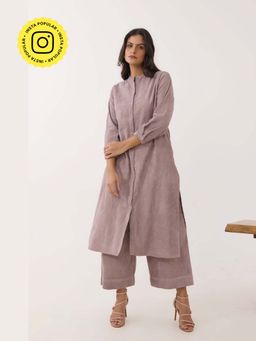Tara-C-Tara - Women Mauve Solid Mandarin Collar Kurta with Palazzo