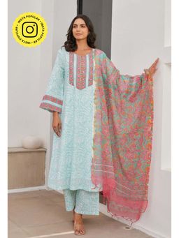 Tara-C-Tara - Women Blue Printed Round Neck Kurta with Pant and Dupatta