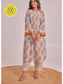 Tara-C-Tara - White and Orange Floral Hand Block Printed Co-Ord Set