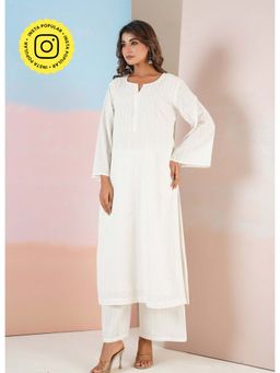 Tara-C-Tara - White Cotton Self Stripped Kurta with Palazzo Co-Ord Set