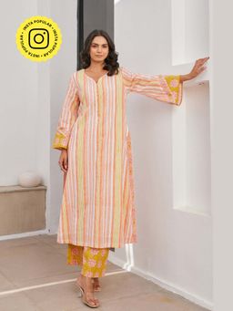 Tara-C-Tara - Women Yellow Stripped Cotton Kurta with Pant and Dupatta