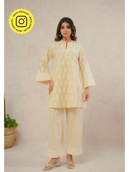 Tara-C-Tara - Yellow Ochre White Khari Hand Block Printed Kurta and Palazzos