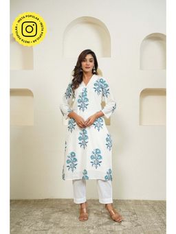 Tara-C-Tara - Hand Block Floral Buta Printed White Kurta