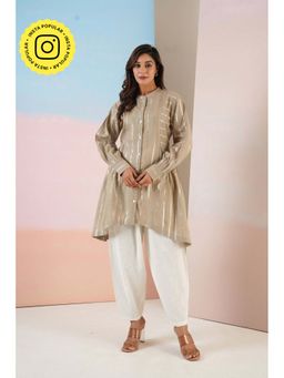 Tara-C-Tara - Cotton Lurex Asymmetric Beige Kurta