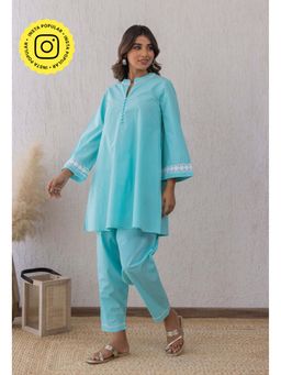 Tara-C-Tara - Women Blue Solid Mandarin Neck Co-Ord Set