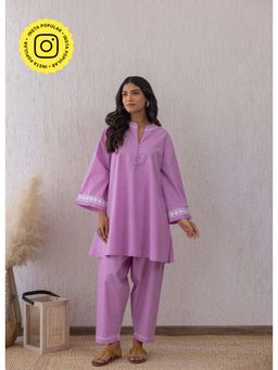 Tara-C-Tara - Women Purple Solid Mandarin Neck Kurta with Pant