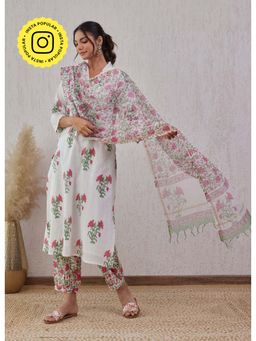 Tara-C-Tara - White Hand Block Printed Kurta Set with Doriya Dupatta
