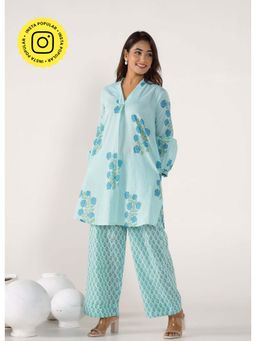Tara-C-Tara - Hand Block Printed Floral Blue Co-Ord Set