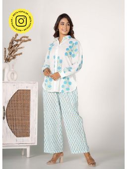 Tara-C-Tara - Hand Block Printed Floral Blue Co-Ord Set