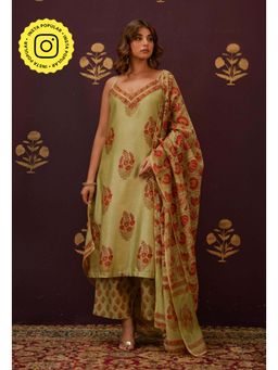 Tara-C-Tara - Olive Green Chanderi Hand Block Printed Kurta and Salwar with Dupatta