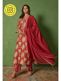 Tara-C-Tara - Red Hand Block Printed Kurta with Pant and Dupatta