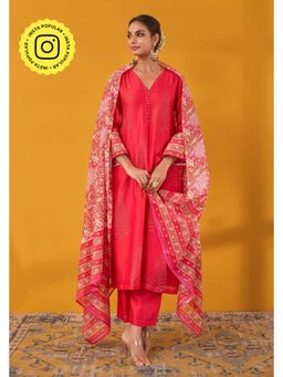 Tara-C-Tara - Red Hand Block Printed Chanderi Kurta and Salwar with Dupatta