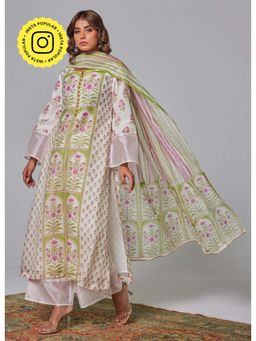 Tara-C-Tara - Hand Block Printed Off-White Chanderi Kurta and Salwar with Dupatta